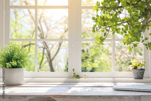 Desk with green plant and spring view through window.