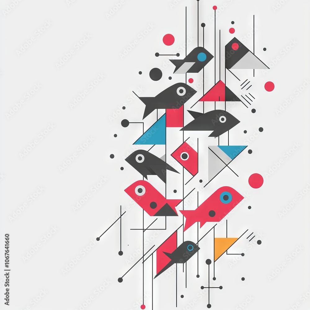 Obraz premium Abstract design featuring stylized fish and geometric shapes in vibrant colors.
