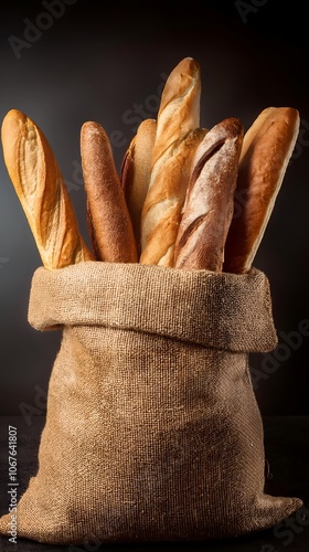 Bag of baguettes  on dark background 