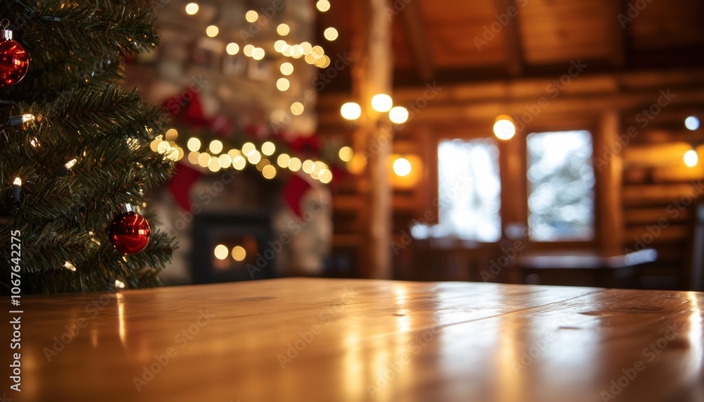 Cozy cabin interior decorated for the holiday season with lights Cozy cabin interior decorated for the holiday season with lights