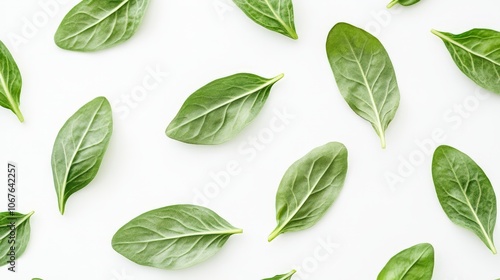 Multiple fresh lettuce leaves are beautifully laid out on a white background, highlighting their crisp texture and rich green color, perfect for salads and culinary dishes
