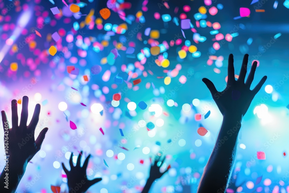 A vibrant celebration scene with raised hands and colorful confetti against a dazzling light backdrop. A vibrant celebration scene with raised hands and colorful confetti against a dazzling light backdrop.