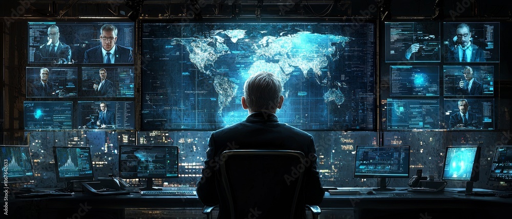 Manager Analyzes Global Data Trends While Overseeing Operations in a High-Tech Control Room Manager Analyzes Global Data Trends While Overseeing Operations in a High-Tech Control Room