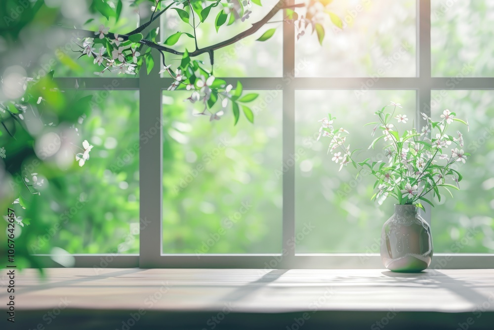 Desk with green plant and springtime window view. Desk with green plant and springtime window view.