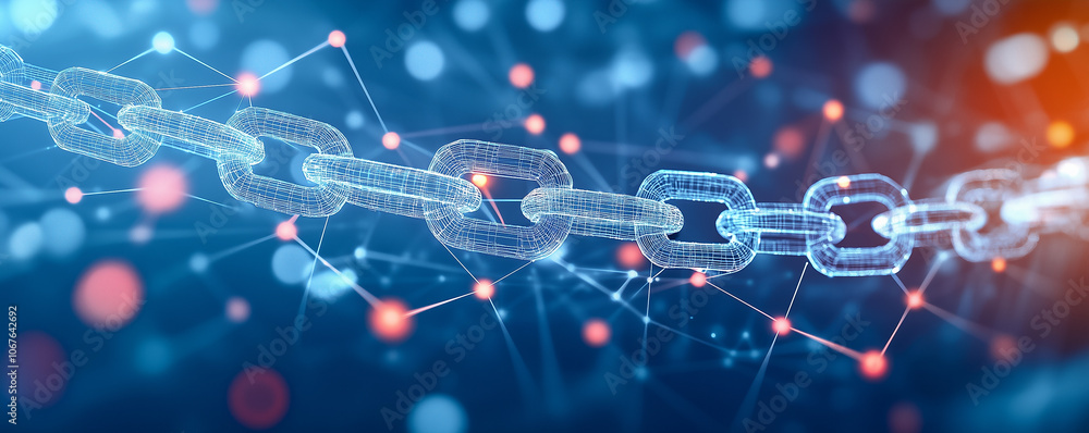 Three dimensional panoramic view of chain on dark background. Blockchain concept. Three dimensional panoramic view of chain on dark background. Blockchain concept.
