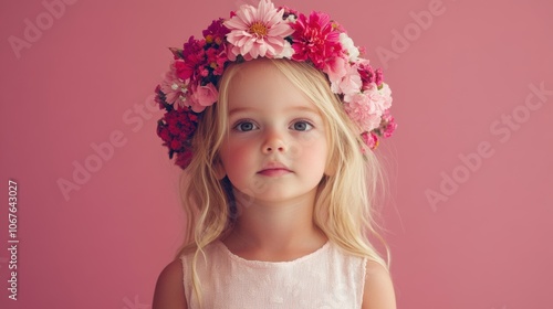 Little girl in a flower crown against a pink background