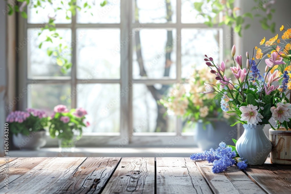 Desk with spring flowers and window background. Desk with spring flowers and window background.