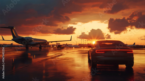 A Sleek Luxury Car Waits for a Private Airport Transfer at Sunset During Golden Hour