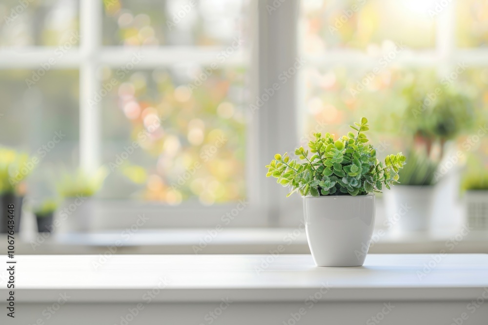 Fototapeta premium White kitchen desk with green plant spring background.