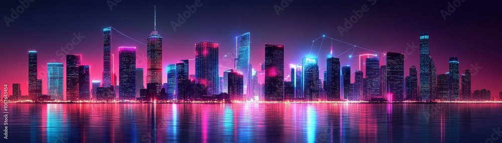 A vibrant and colorful depiction of a futuristic city skyline illuminated by neon lights reflecting on water. A vibrant and colorful depiction of a futuristic city skyline illuminated by neon lights reflecting on water.