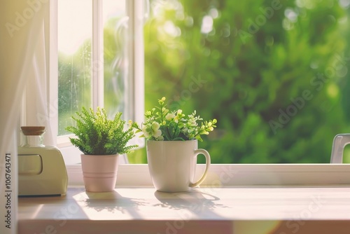 White kitchen desk with green plant spring background.