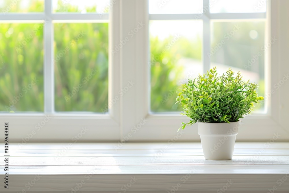 White kitchen desk with green plant spring background. White kitchen desk with green plant spring background.