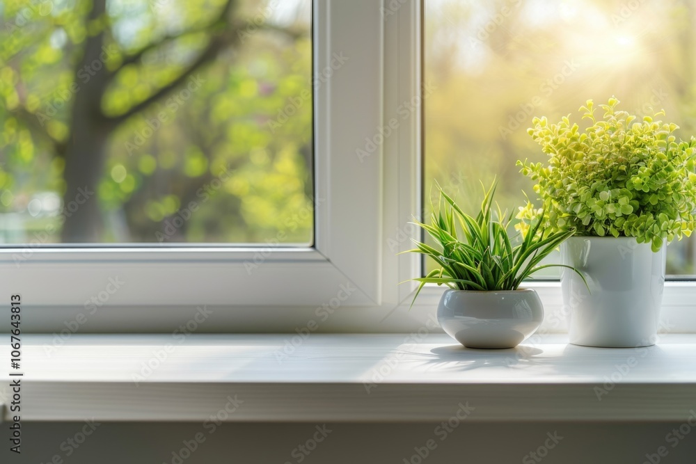 White kitchen desk with green plant spring background. White kitchen desk with green plant spring background.
