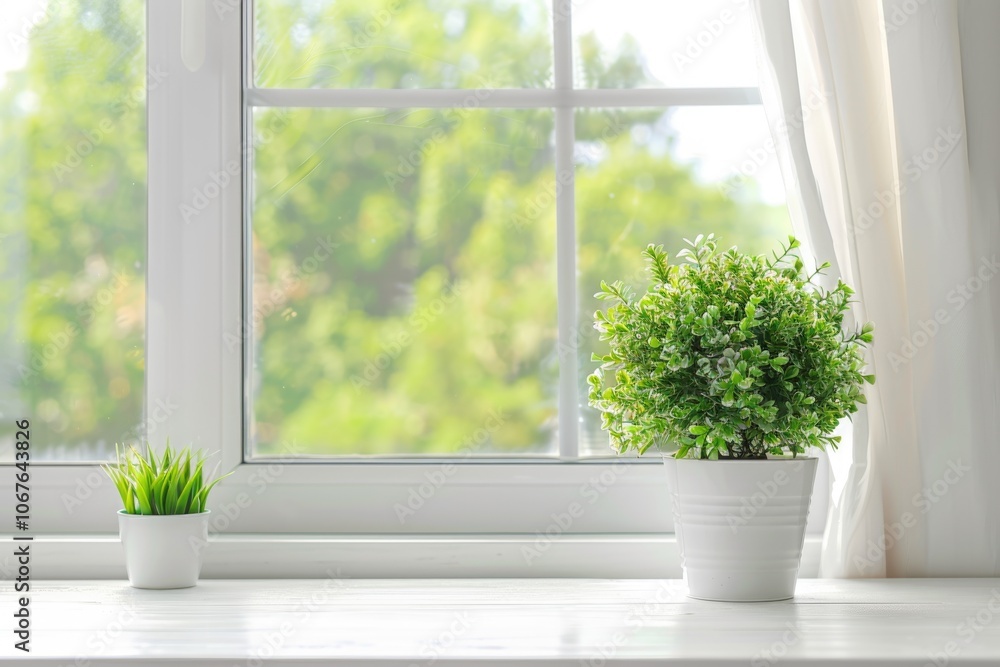Fototapeta premium White kitchen desk with green plant spring background.