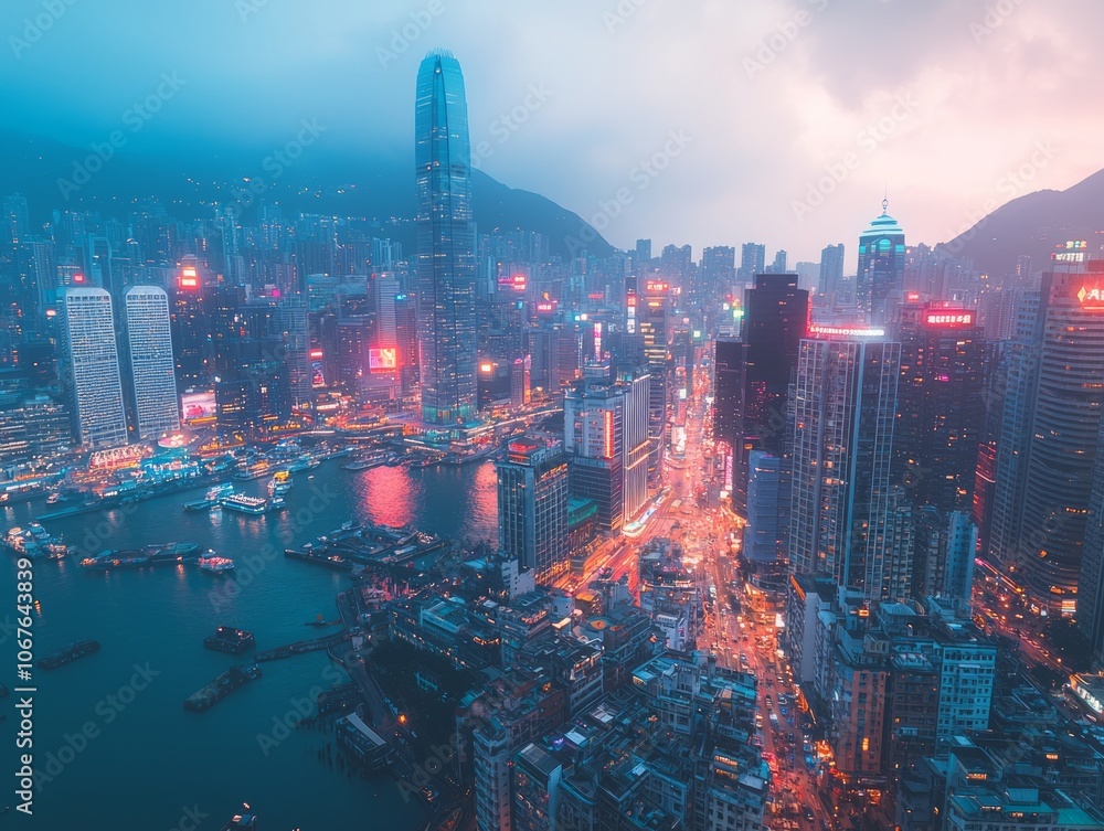 Naklejka premium A vibrant city skyline at dusk, showcasing urban lights and architecture.