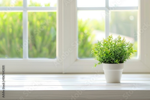 White kitchen desk with green plant spring background.