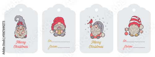 Christmas label set with Swedish gnome Nisse. Merry Christmas gift tags. Gray and red color. Scrapbook winter holiday greeting card collection with cute adorable cartoon Scandinavian gnomes Tomte.