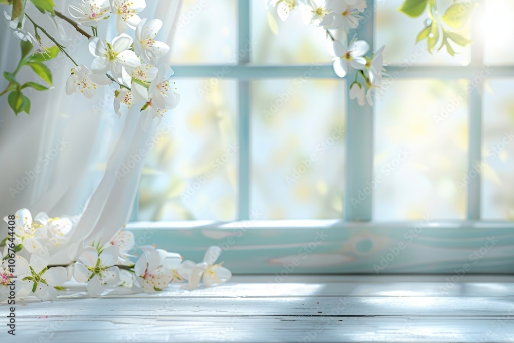 Spring themed product display with white window and flowers. Spring themed product display with white window and flowers.