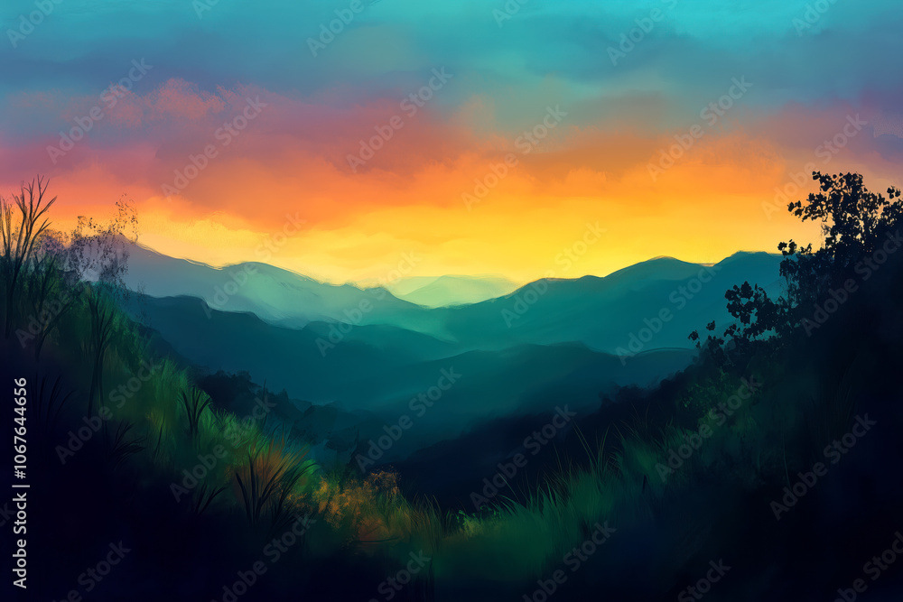 Fototapeta premium Mountain vista at dusk, with the sky ablaze with vibrant colors and the silhouette of peaks stretching into the horizon