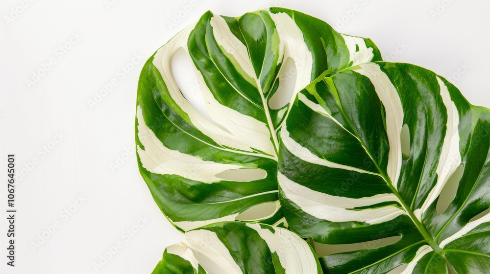 Two large variegated Monstera leaves with green and white patterns Two large variegated Monstera leaves with green and white patterns