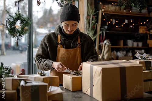 A small business owner carefully packing holiday gifts for delivery, showing the importance thoughtful service during the festive season.