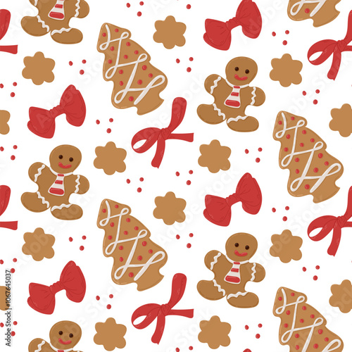 Christmas seamless pattern with hand drawn gingerbread cookies. Different kind of holiday cookies with red bows on white background. Holiday vector flat design for Christmas wrapping paper