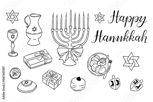 Hanukkah holiday outline doodle set with calligraphy text Happy Hanukkah. Monochrome vector contour composition with related items to Jewish holiday isolated on white background