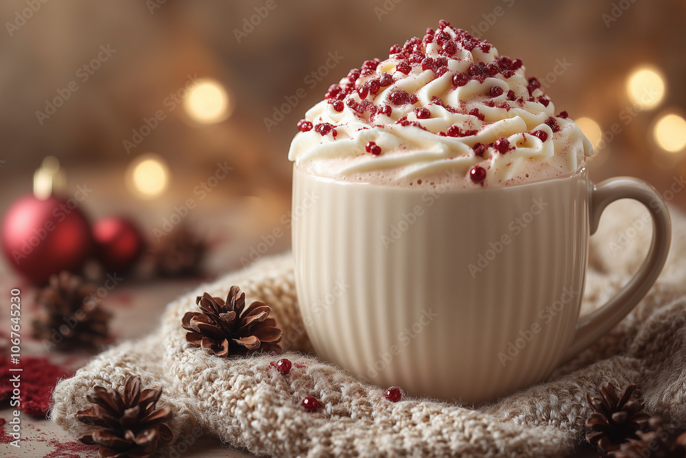 Cup of hot chocolate with festive red whipped topping. Cup of hot chocolate with festive red whipped topping.