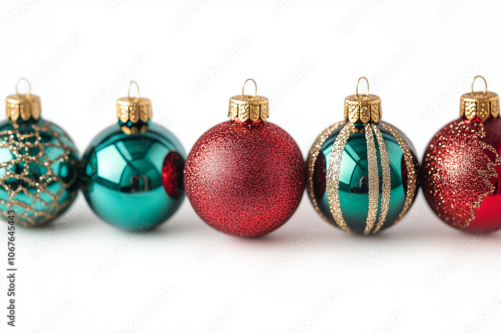 Shiny red and green ornaments hanging in a line. Shiny red and green ornaments hanging in a line.