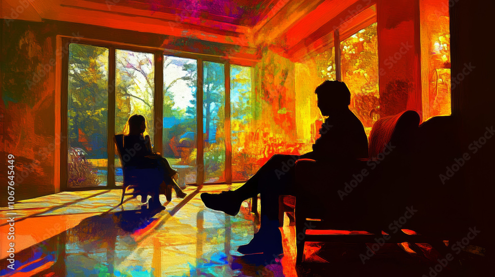 Silhouette Couple, Autumn Window, Expressive Painting, Warm Light, Calm Atmosphere Silhouette Couple, Autumn Window, Expressive Painting, Warm Light, Calm Atmosphere