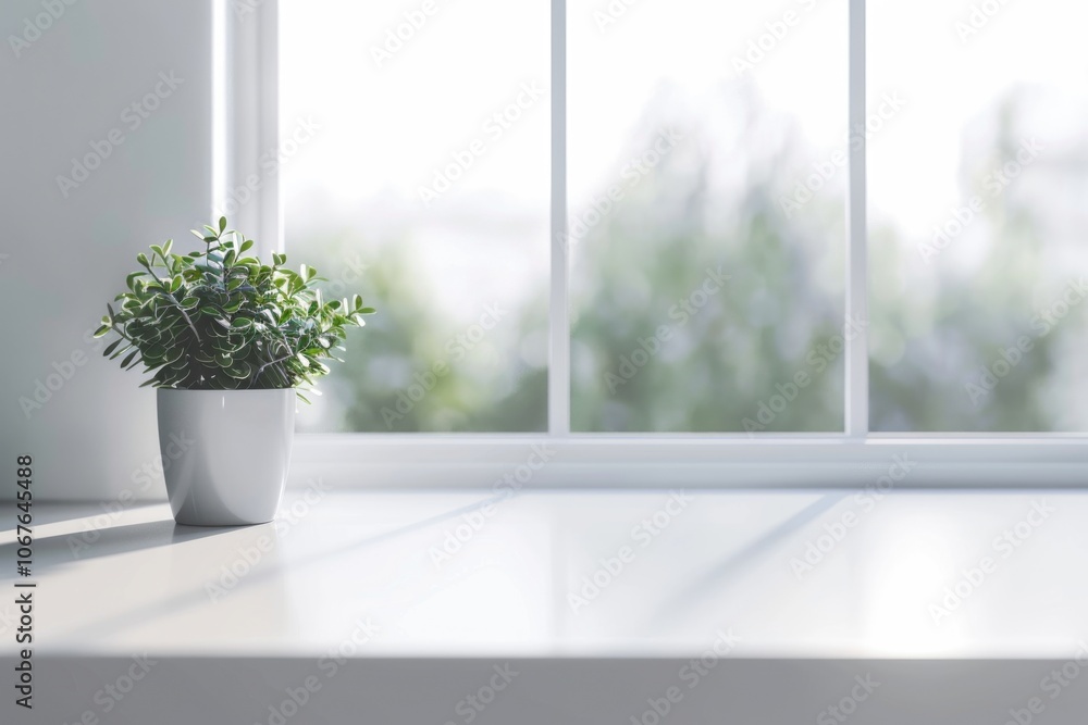 Fototapeta premium White desk with free space for decoration and small plant.