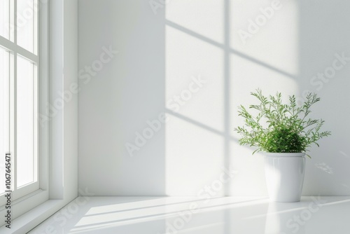 White desk with free space for decoration and small plant.