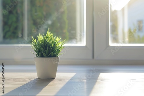 White desk with free space for decoration and small plant.