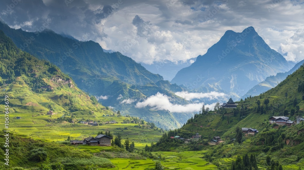 Lush green valleys surrounded by mountains under a dramatic sky. Lush green valleys surrounded by mountains under a dramatic sky.