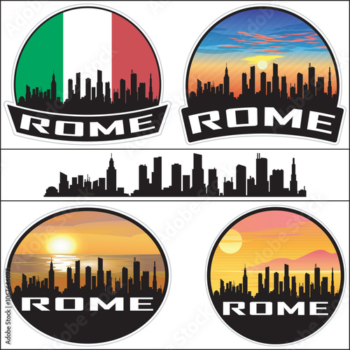 Rome Skyline Italy Flag Cityscape Silhouette Travel Souvenir Sticker Sunset Isolated Vector