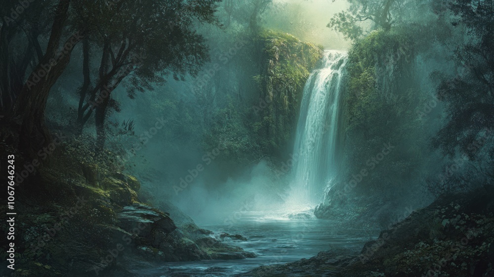 Mystical Waterfall in a Lush Forest Mystical Waterfall in a Lush Forest