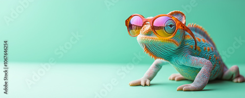 Green chameleon wearing sunglasses on mint green background. Summer fashion concept. Image for banner and social media with copy space. photo