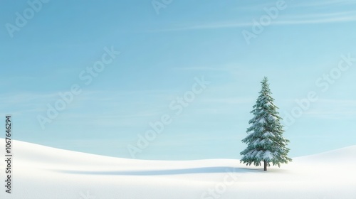 Solitary pine tree in serene snowy landscape