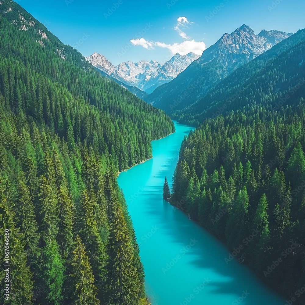 Serene river winding through lush green forests and majestic mountains. Serene river winding through lush green forests and majestic mountains.