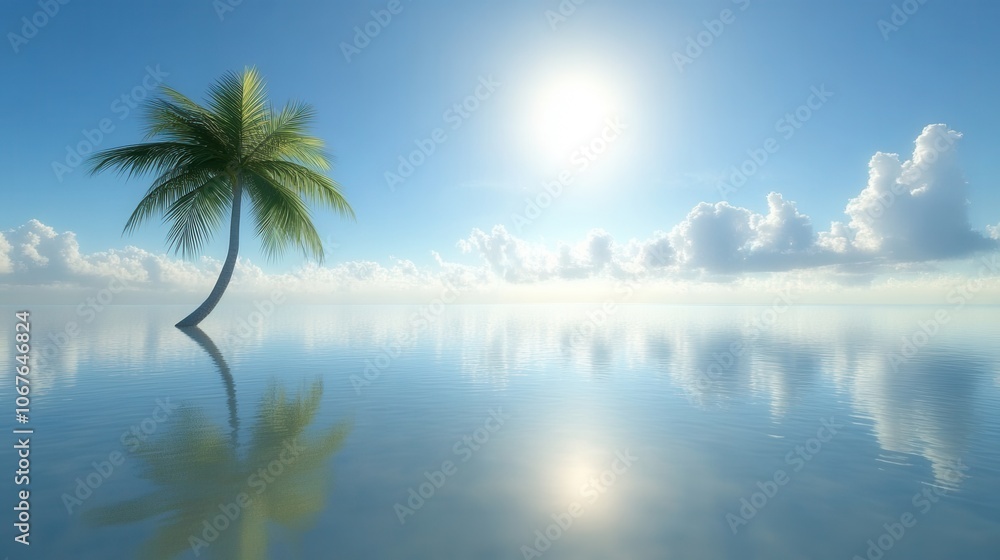 Serene tropical palm tree with reflection calm water Serene tropical palm tree with reflection calm water
