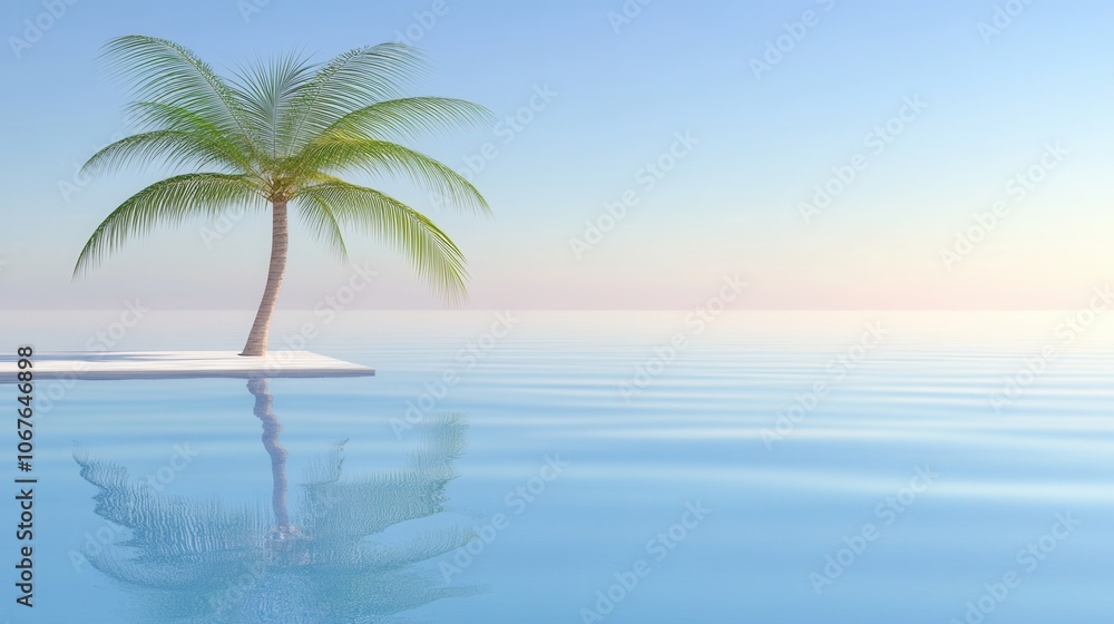 Serene tropical paradise with single palm tree tranquil ocean Serene tropical paradise with single palm tree tranquil ocean