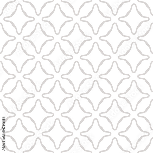 Simple abstract seamless pattern. Vector geometric texture with repeat elements, curved shapes, smooth flower silhouettes, diamonds. Gray and white minimal background. Subtle geo design for wallpapers