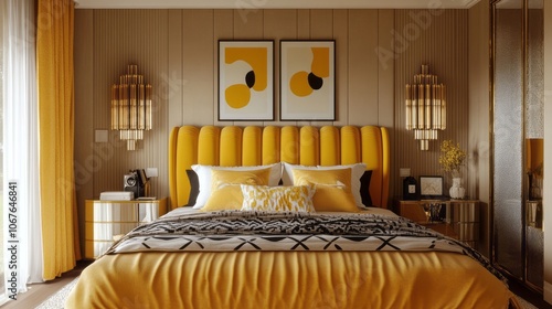 Modern Bedroom Interior with Yellow and Gold Accents photo