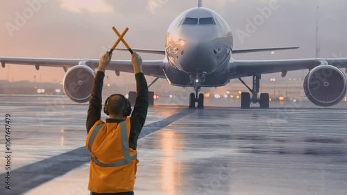Ground Crew Member Guiding Commercial Aircraft On Wet Runway During Sunset Airport Operations
