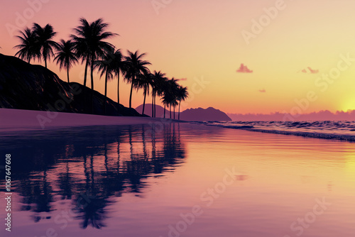 Tranquil beach at sunset, with fiery orange and pink hues reflecting off the calm waters and silhouettes of palm trees swaying in the gentle evening breeze