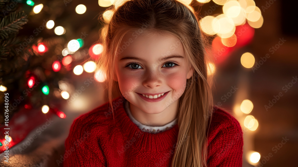 Smiling girl in a red sweater sits by colorful holiday lights. Concept of warmth, joy, and festive cheer. Smiling girl in a red sweater sits by colorful holiday lights. Concept of warmth, joy, and festive cheer.