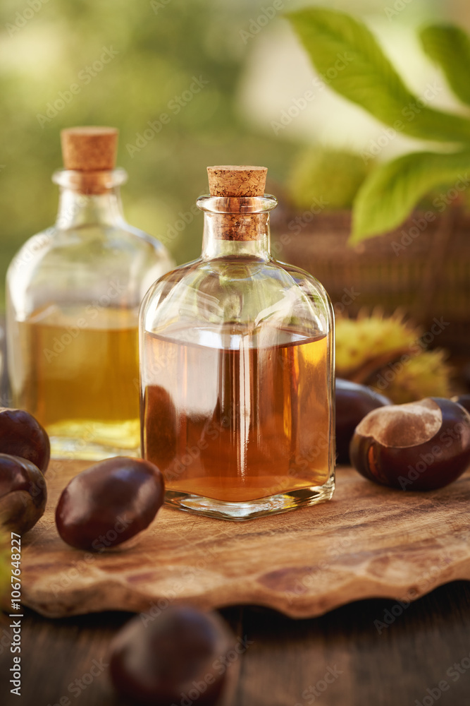 Horse chestnut seed tincture in a glass bottle outdoors Horse chestnut seed tincture in a glass bottle outdoors