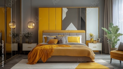 Wallpaper Mural Modern Bedroom Interior with Yellow and Gray Accents and a Luxurious Bed Torontodigital.ca