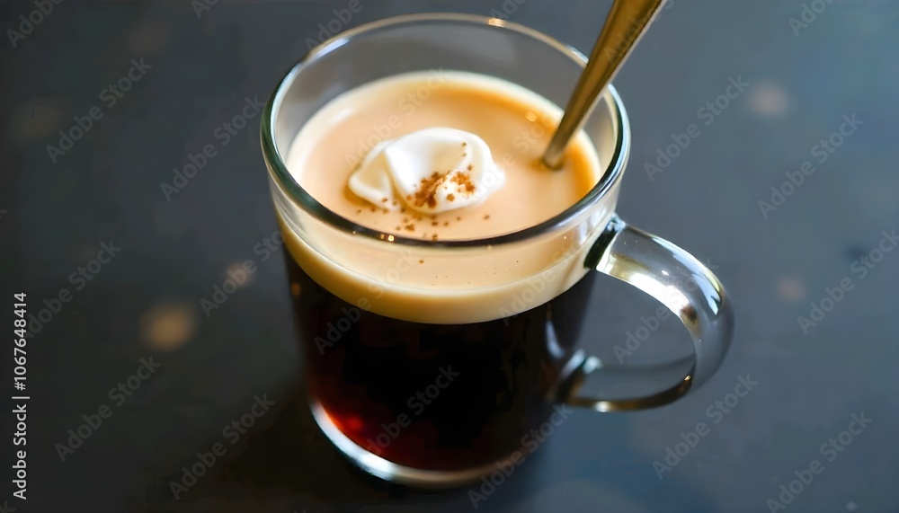 A mug made of glass is holding a coffee drink that is similar to espresso, with a dollop of cream or foam on top and a spoon placed inside the mug.