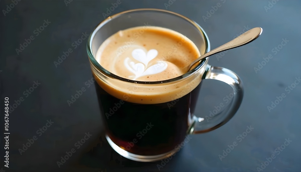 The coffee drink in the glass mug is similar to espresso, with cream or foam on top and a spoon in it The coffee drink in the glass mug is similar to espresso, with cream or foam on top and a spoon in it